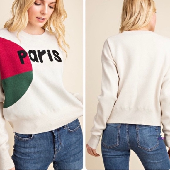 Boutique Gilli Paris Graphic Cream Crewneck Sweater Top - Picture 1 of 4
